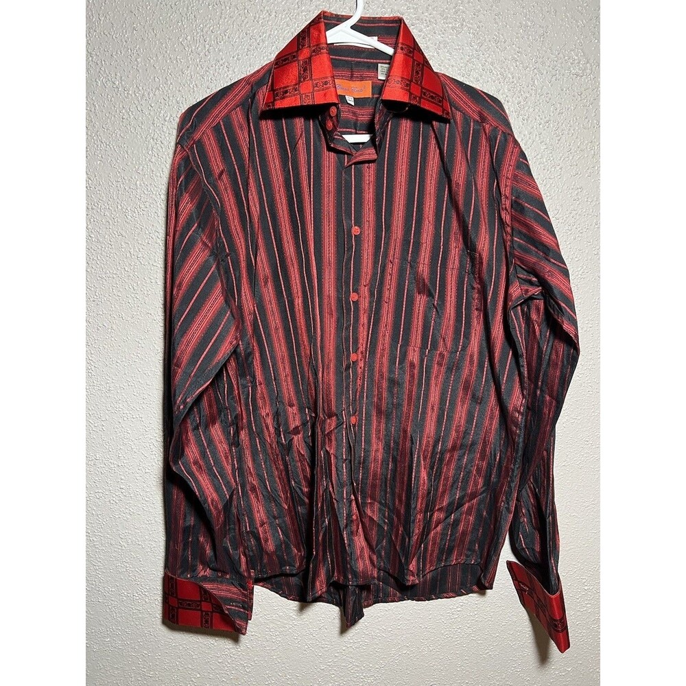 Bruno Conte Mens Button up French Cuff Dress Shirt 15 1/2 34/35 Orange striped